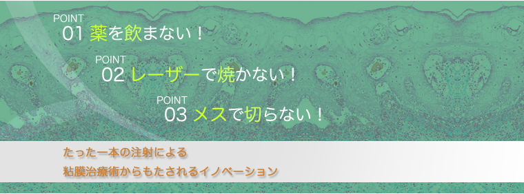 花粉症 東京 アレルギー性鼻炎POINT01：薬を飲まない！　POINT02：レーザーで焼かない！　POINT03：メスで切らない！　たった一本の注射による粘膜治療術からもたされるイノベーション